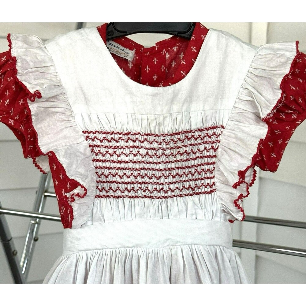 Vtg Polly Flinders Toddler 3T Dress Red Fleur de lis Hand Smocked Pinafore